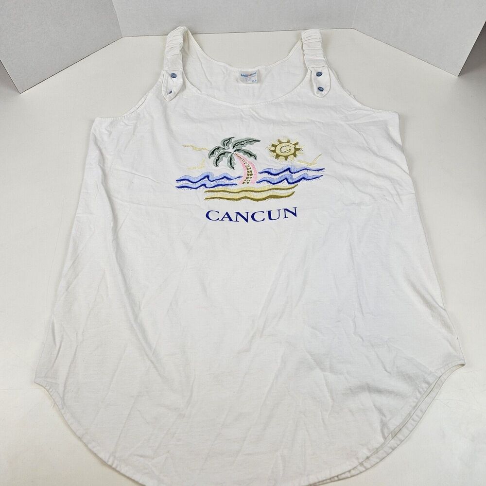 Vtg Cancun Mexico Shirt Tank Top Womens White Beach Palm Tree Swimsuit Cover Up
